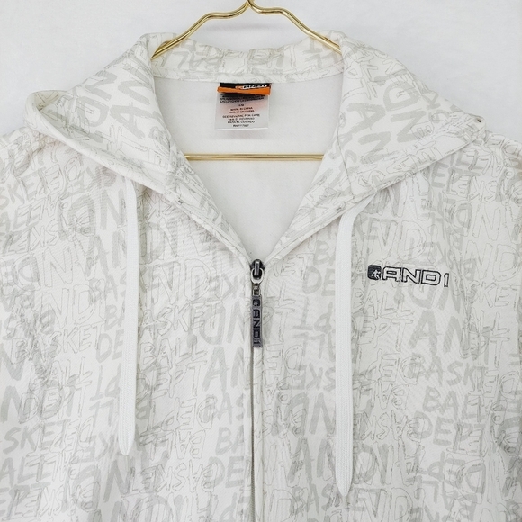 NEW And1 White with Gray Logo Pattern Zip Front Pockets Hooded Sweatshirt Z16 - Picture 2 of 8